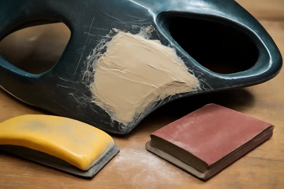 Thorough cleaning of motorcycle fairings prior to sanding removes contaminants for better adhesion.