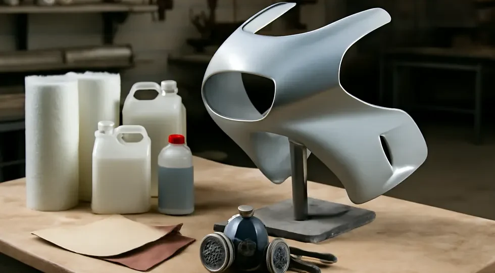 Finished fiberglass motorcycle fairing on display in a workshop surrounded by essential fabrication materials.