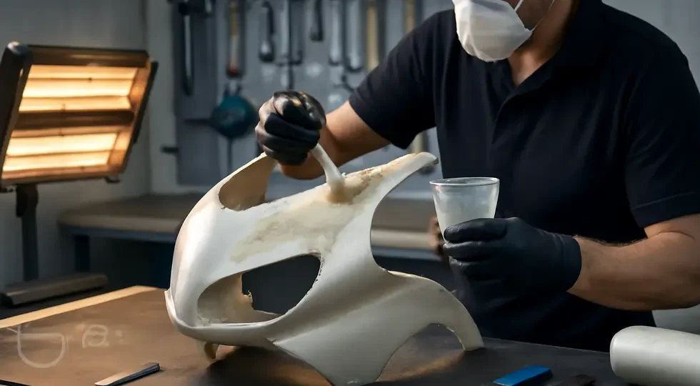 A professional workshop stage of fiberglass motorcycle fairing repair showcasing resin application and fiber layering.