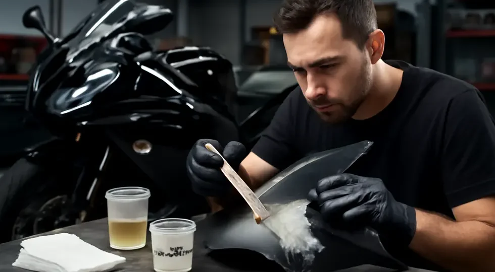 Technician performing a professional fiberglass motorcycle fairing repair in a well-equipped workshop.