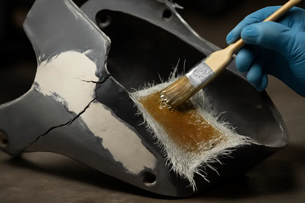 A technician expertly applies Bondo filler to a motorcycle fairing, preparing the surface for a smooth, paint-ready finish.