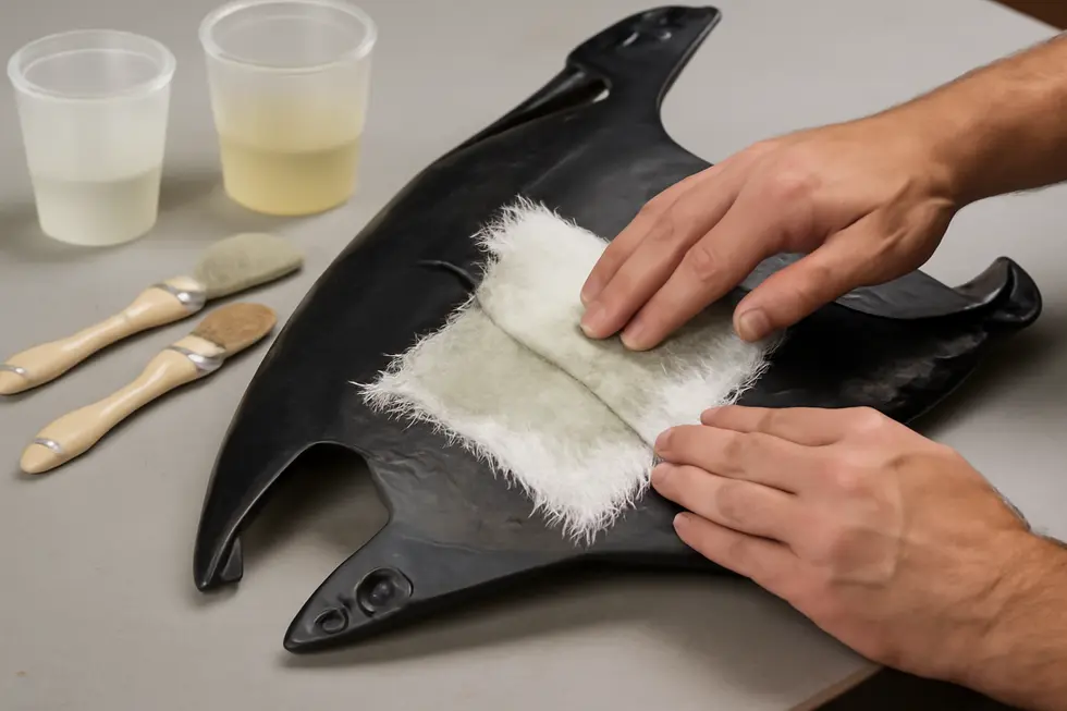 A technician repairing a cracked motorcycle fairing using a plastic welding staple kit to restore material strength.