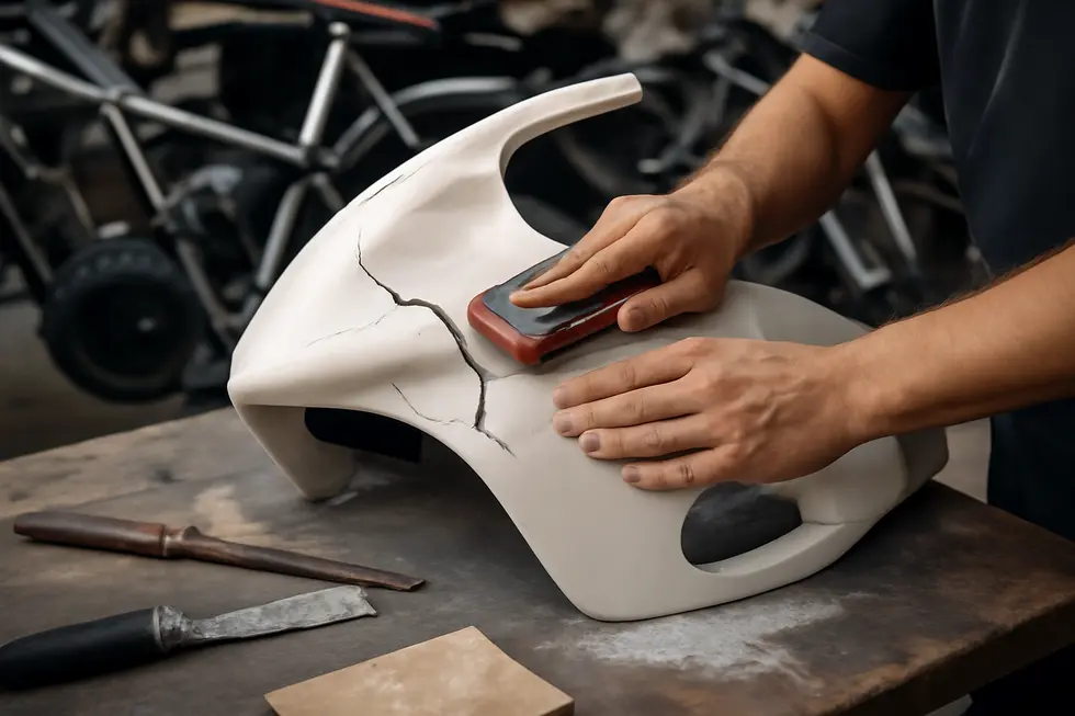 Custom fibreglass fairings on a racing motorcycle demonstrating aerodynamic design and lightweight construction.