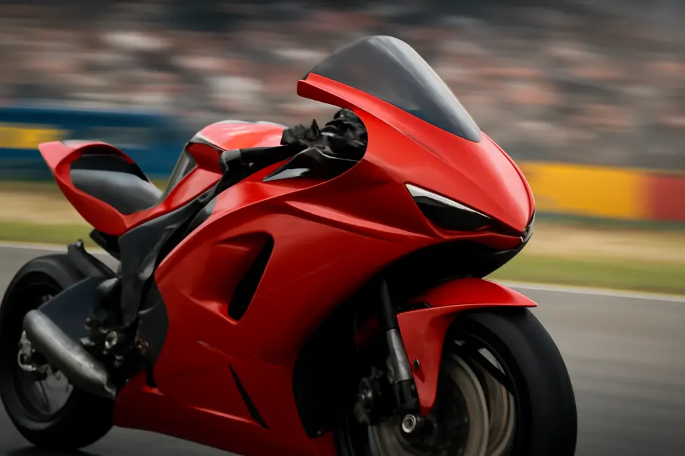 Custom fibreglass fairings on a racing motorcycle demonstrating aerodynamic design and lightweight construction.