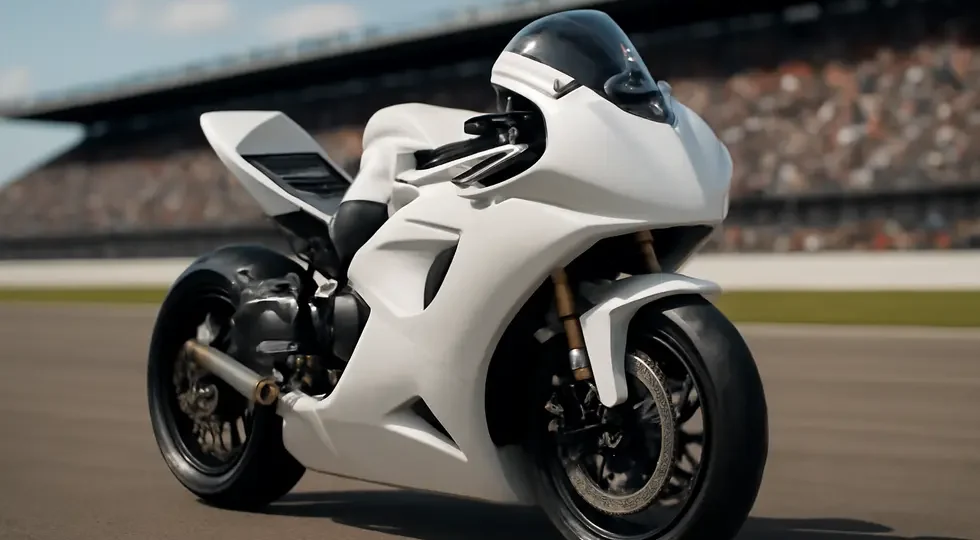 High-performance motorcycle showcasing aerodynamic fibreglass fairings in a dynamic racing environment.