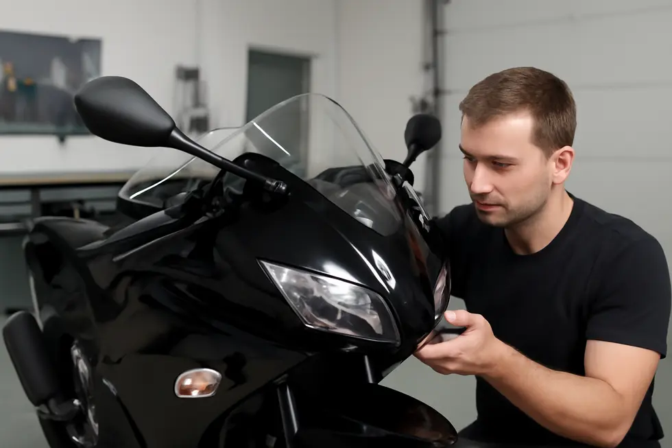 A mechanic meticulously unscrews bolts and detaches clips to remove old motorcycle fairings without causing damage.