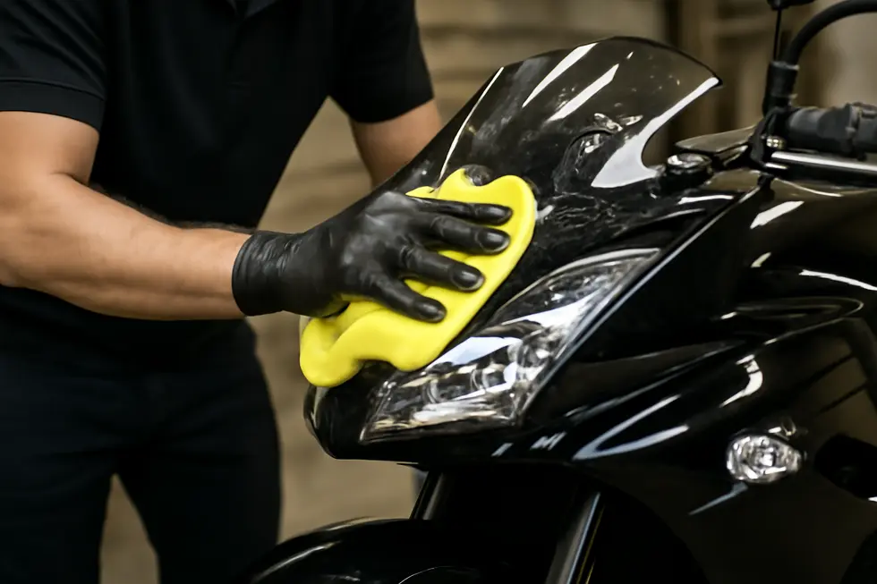 Technician applying controlled heat to soften adhesive under a motorcycle fairing decal.