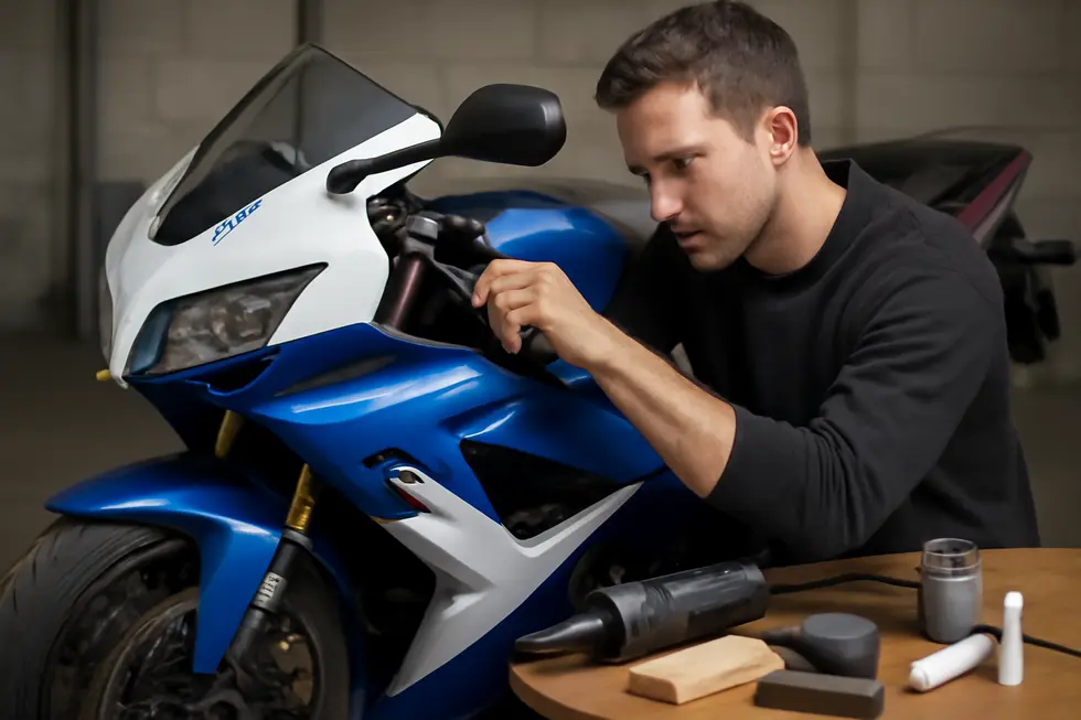 Mechanic systematically removes old fairings and organizes mounting hardware for efficient repair preparation.
