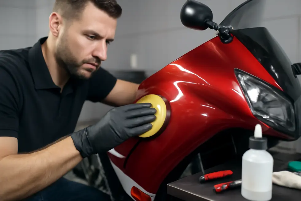 Initial cleaning and scratch depth assessment on a motorcycle fairing in a professional workshop.