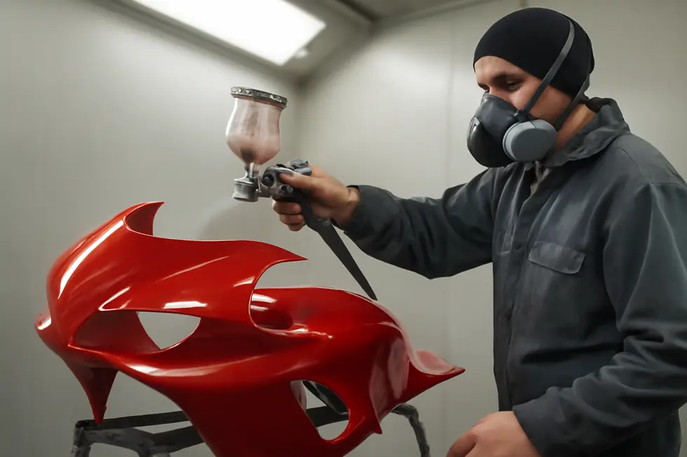 A workshop scene highlighting the preparation stage of motorcycle fairings painting, emphasizing hands-on customization opportunities for businesses.