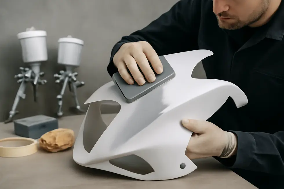 A technician repairing a cracked motorcycle fairing using a plastic welding staple kit to restore material strength.