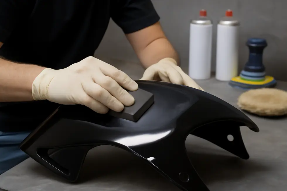 Thorough cleaning and sanding prepare motorcycle fairings for optimal paint adhesion and durability.