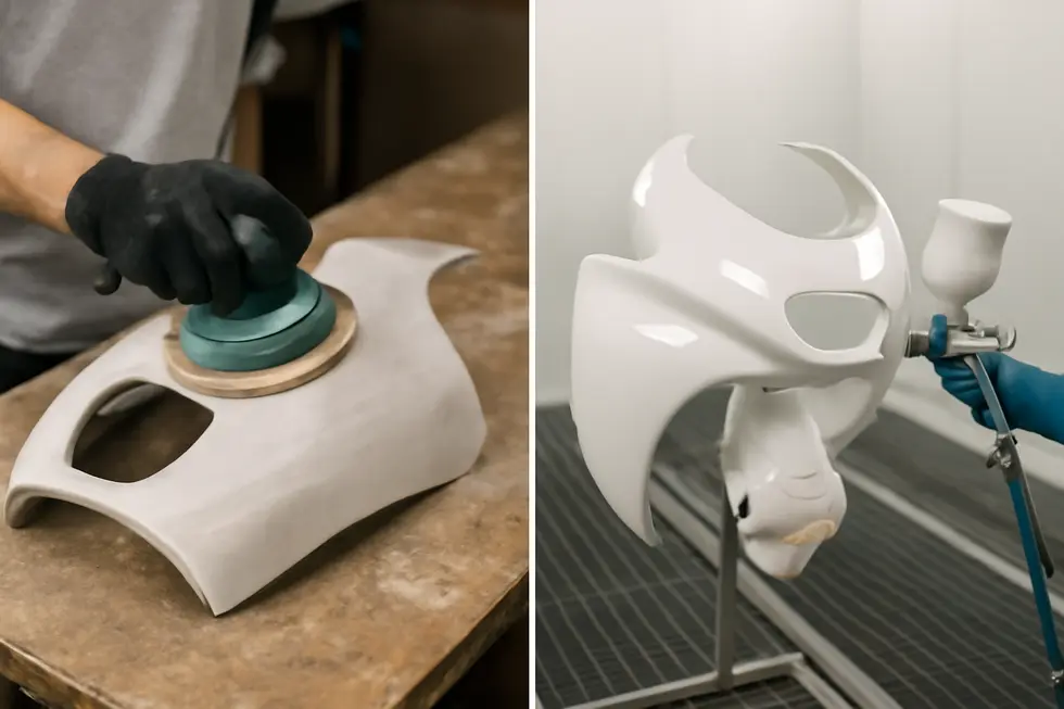 Thorough cleaning and sanding of the motorcycle fairing surface ensure optimal resin adhesion and durability.