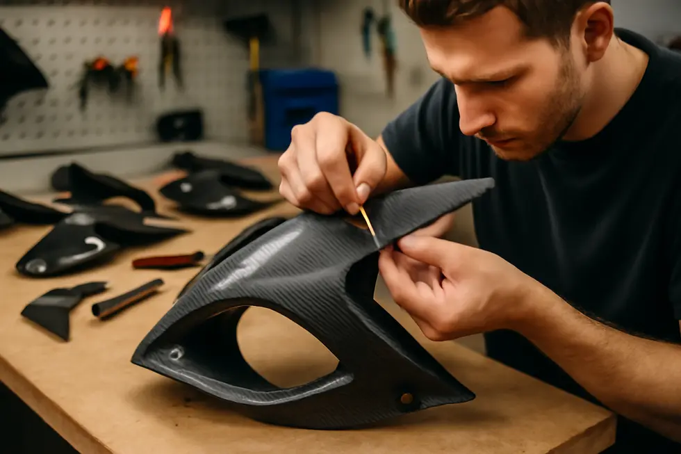 A professional thoroughly cleans motorcycle fairings to ensure optimal vinyl adhesion before wrapping.