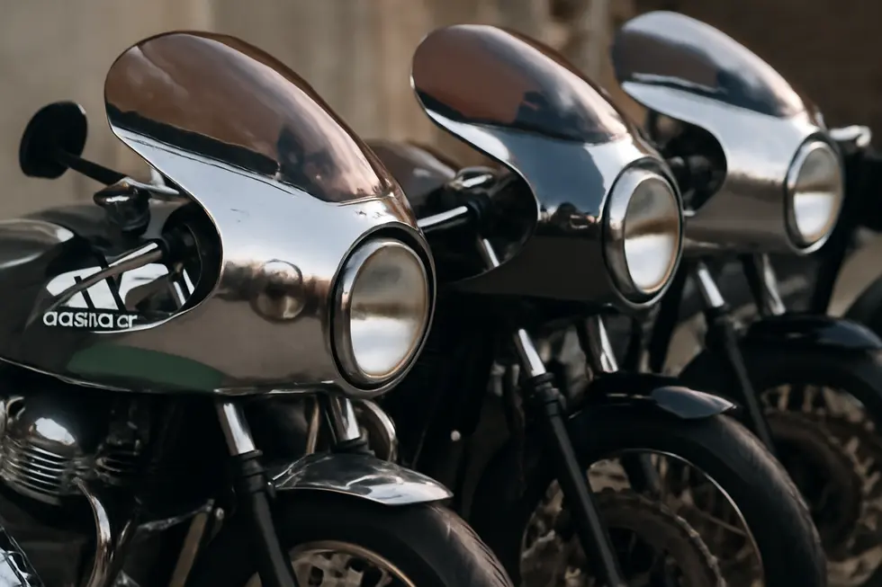 A motorcycle showcasing the mirror-like, reflective chrome fairings that dramatically enhance its visual appeal.