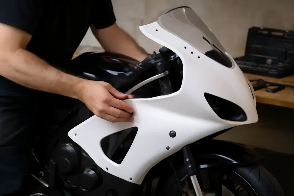 Close-up of a durable ABS plastic motorcycle fairing showcasing material quality and toughness.