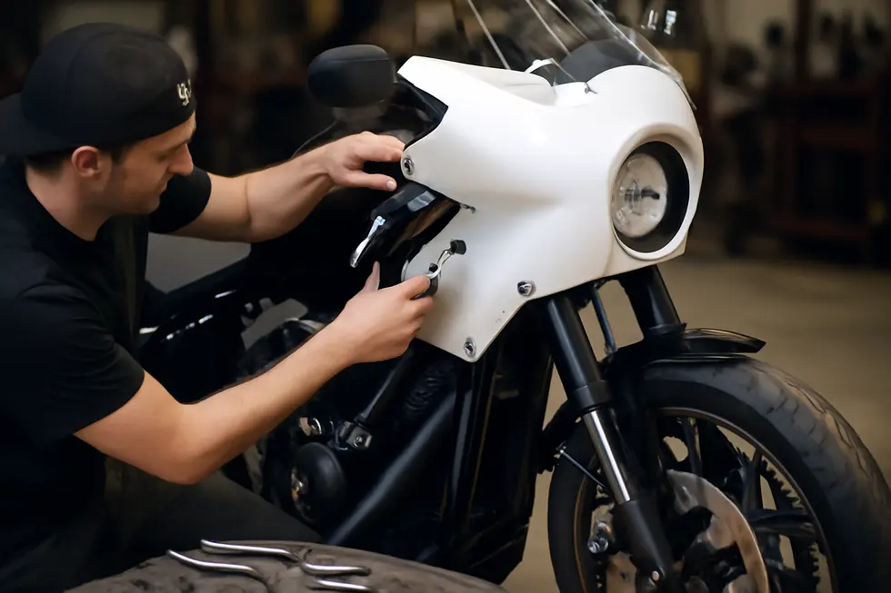 Detailed close-up of hand-laid fiberglass layers demonstrating the robust construction of motorcycle fairings.