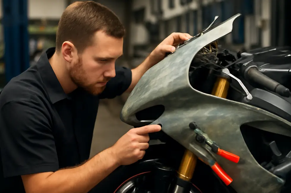 A technician carefully assesses and prepares motorcycle fairings before applying fiberglass repair.