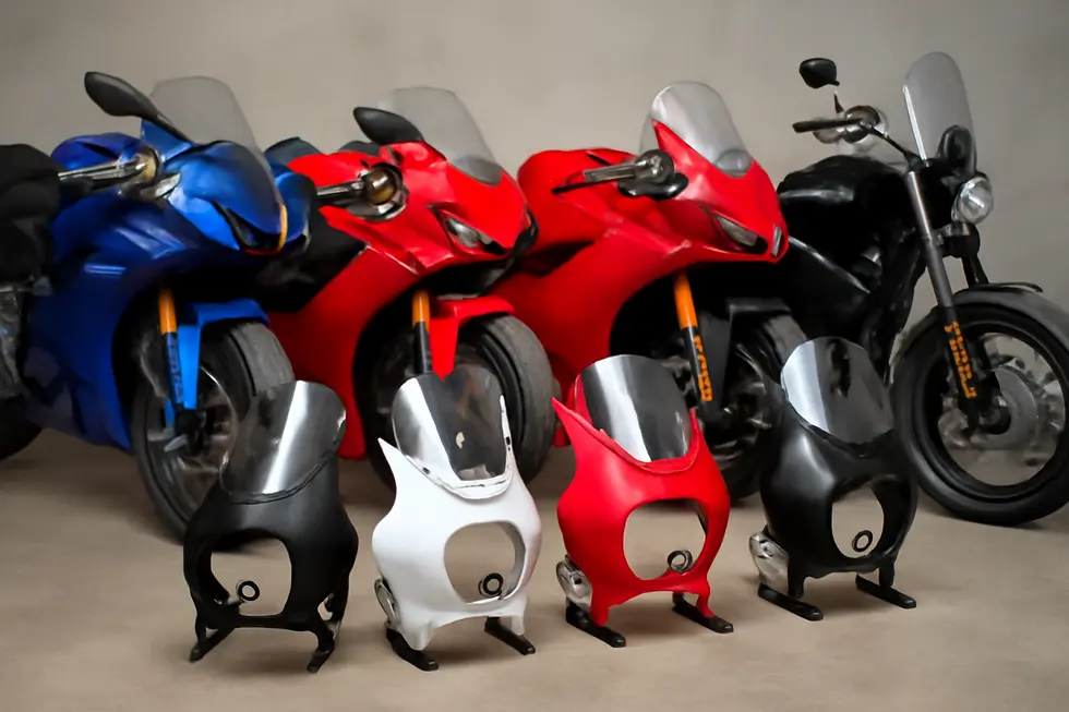 Universal motorcycle fairings fitting various major brand motorcycles using adjustable mounts and hardware.