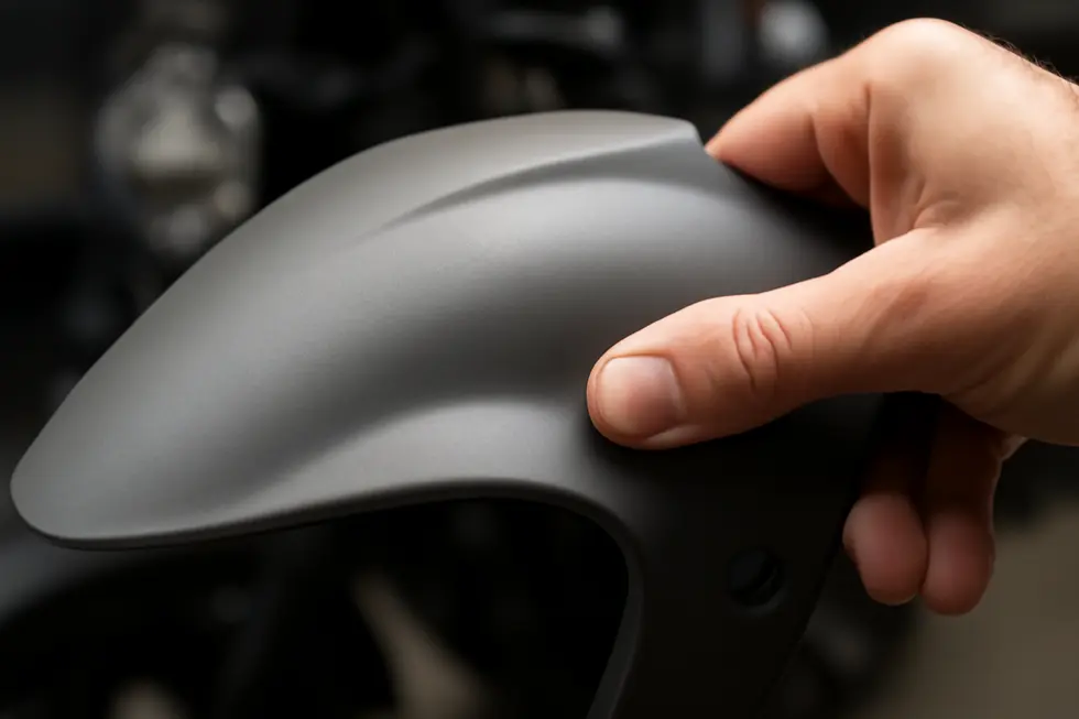 Applying plastic adhesion primer on ABS motorcycle fairing to enhance paint bonding and durability.