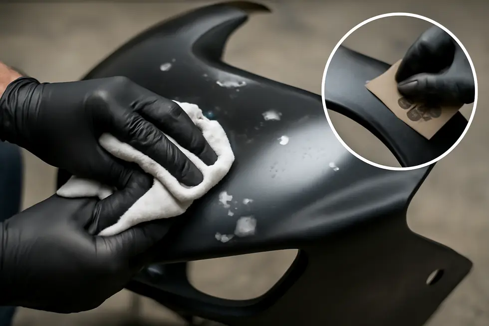 Thoroughly washing motorcycle fairings to remove dirt and contaminants before paint removal.