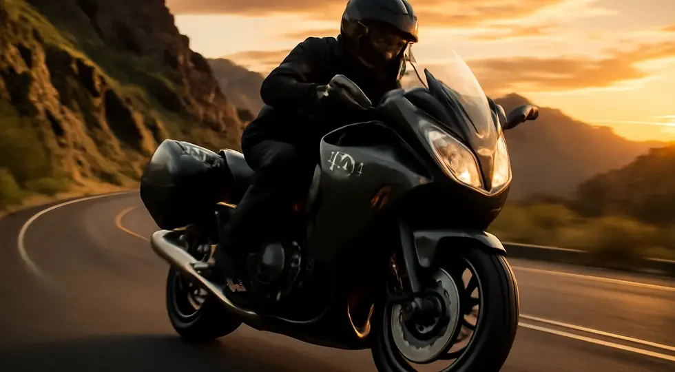 A motorcycle equipped with Givi fairings riding through scenic terrain, showcasing aerodynamic design and protective build.