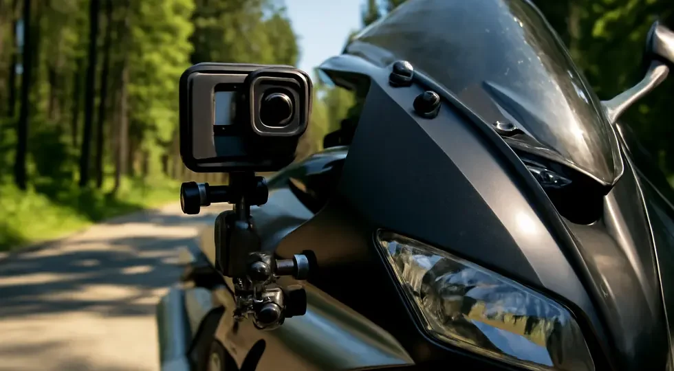 Motorcycle equipped with a GoPro mounted on a RAM Mounts U-Bolt fairing mount, ready to capture stunning ride footage.