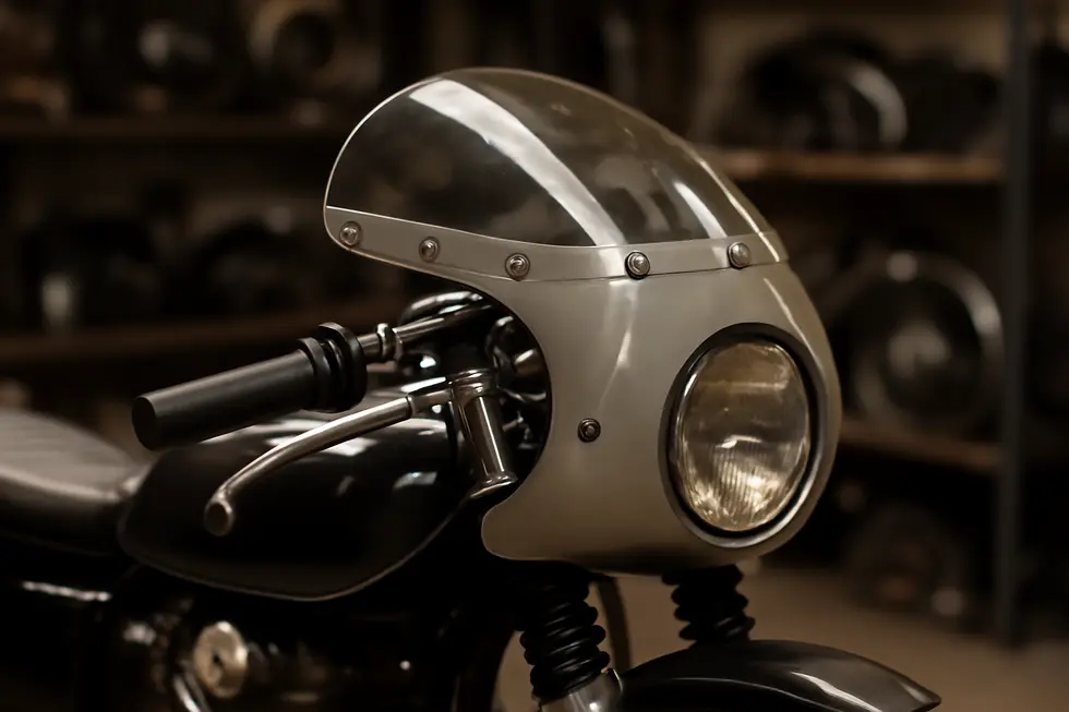 Close-up showing handlebar fairing fitment on low rise 22mm diameter handlebars with mounting hardware.