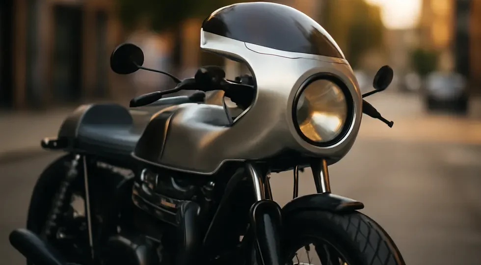 Sleek café racer motorcycle with a classic aluminum handlebar fairing featuring a tinted windscreen, blending vintage style and contemporary design.