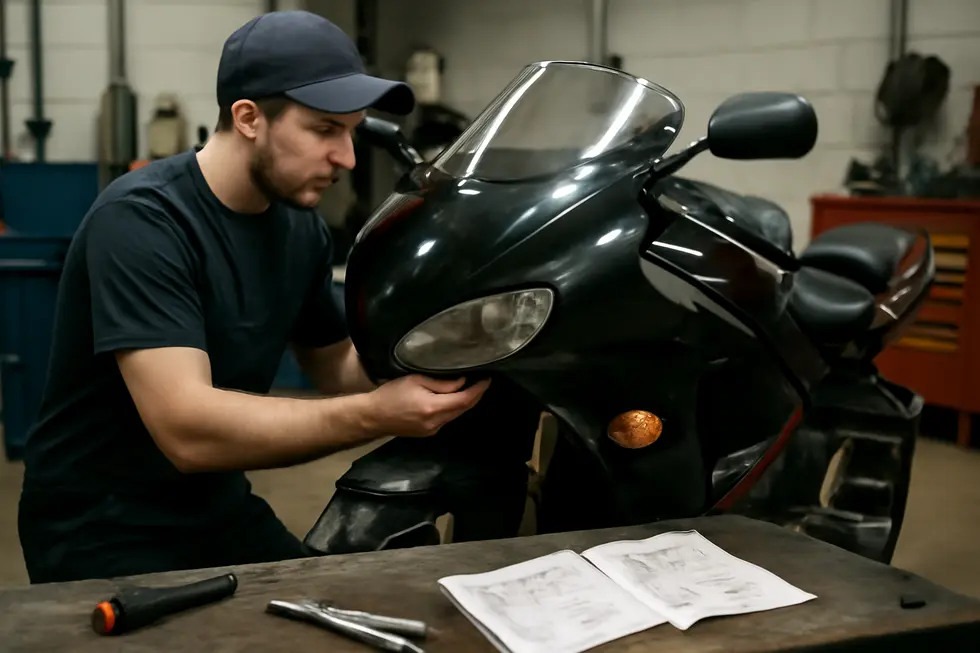 Showcasing the diverse selection of Hannigan motorcycle fairings as aftermarket components in a professional workshop setting.