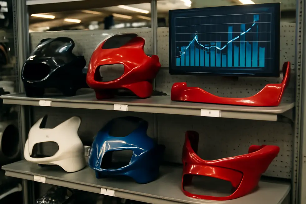 Showcasing the diverse selection of Hannigan motorcycle fairings as aftermarket components in a professional workshop setting.
