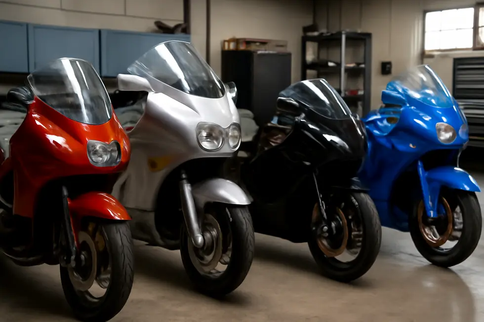 Showcasing the diverse selection of Hannigan motorcycle fairings as aftermarket components in a professional workshop setting.