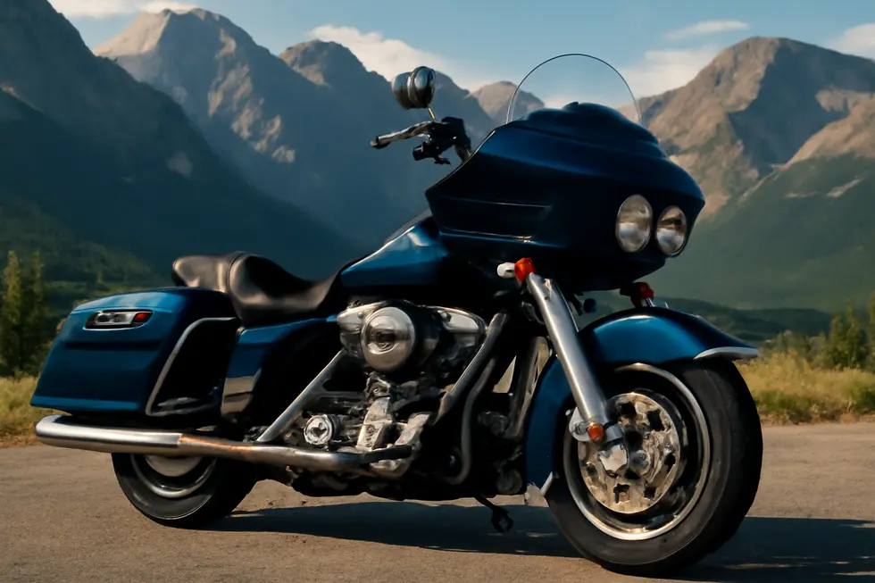 The Harley-Davidson Road Glide showcasing its pioneering sharknose fixed fairing design against a natural landscape.