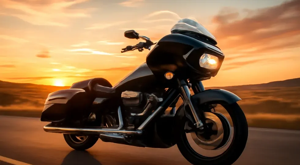 Harley-Davidson Road Glide in motion featuring the pioneering sharknose fixed fairing amid a scenic sunset highway.