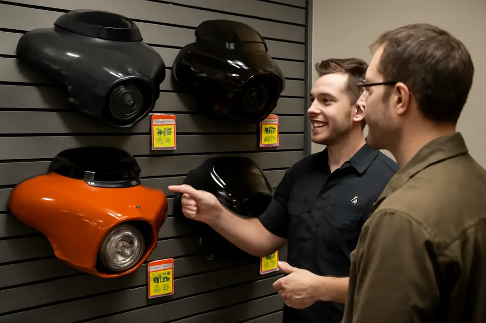 Business owner navigating discount promotions on motorcycle fairings via an online retailer dashboard.
