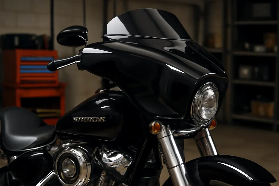 Close-up of a Viking Maverick fiberglass fairing fitted precisely on a Harley-Davidson Softail Low Rider S showcasing design and fitment details.