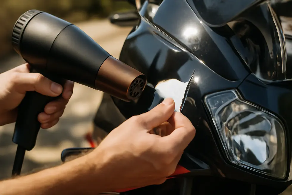 Utilizing controlled heat application to safely loosen sticker adhesive on a motorcycle fairing.