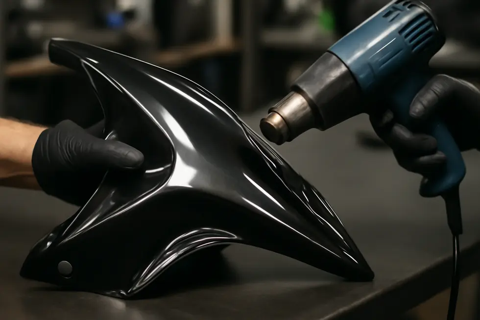 A professional thoroughly cleans motorcycle fairings to ensure optimal vinyl adhesion before wrapping.