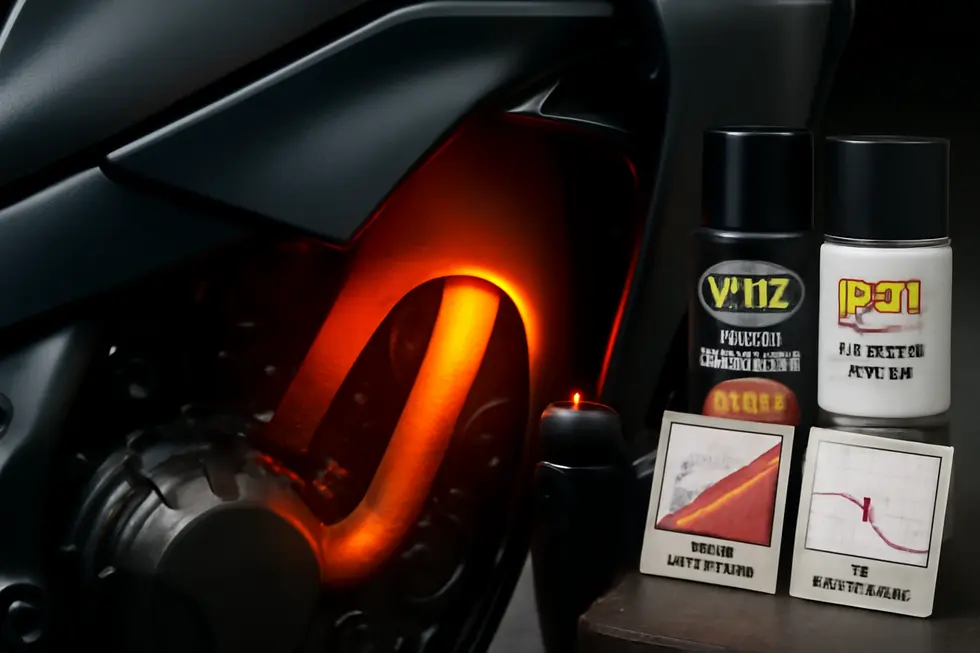 Showcase of various urethane and high-temperature paints used for motorcycle fairings in a workshop environment.