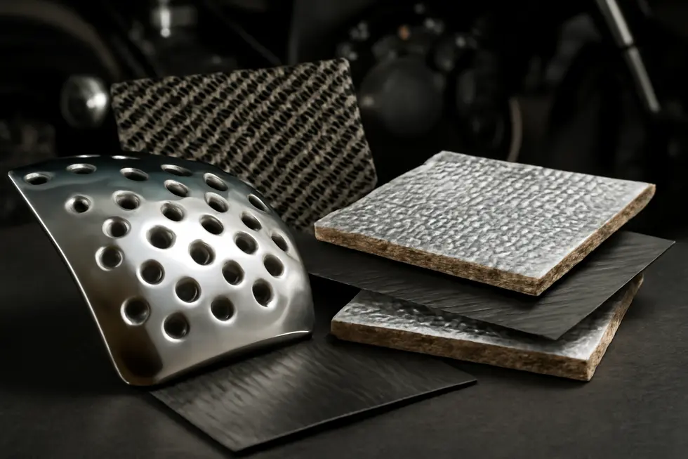 Detailed view of diverse materials used in motorcycle fairing heat shields highlighting design and durability factors.