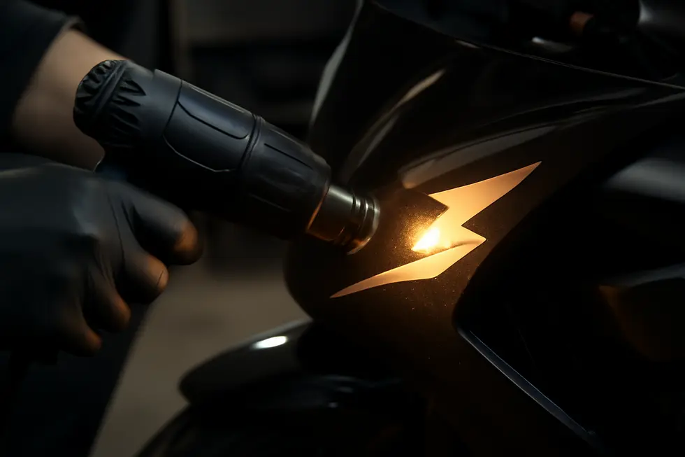 Technician applying controlled heat to soften adhesive under a motorcycle fairing decal.