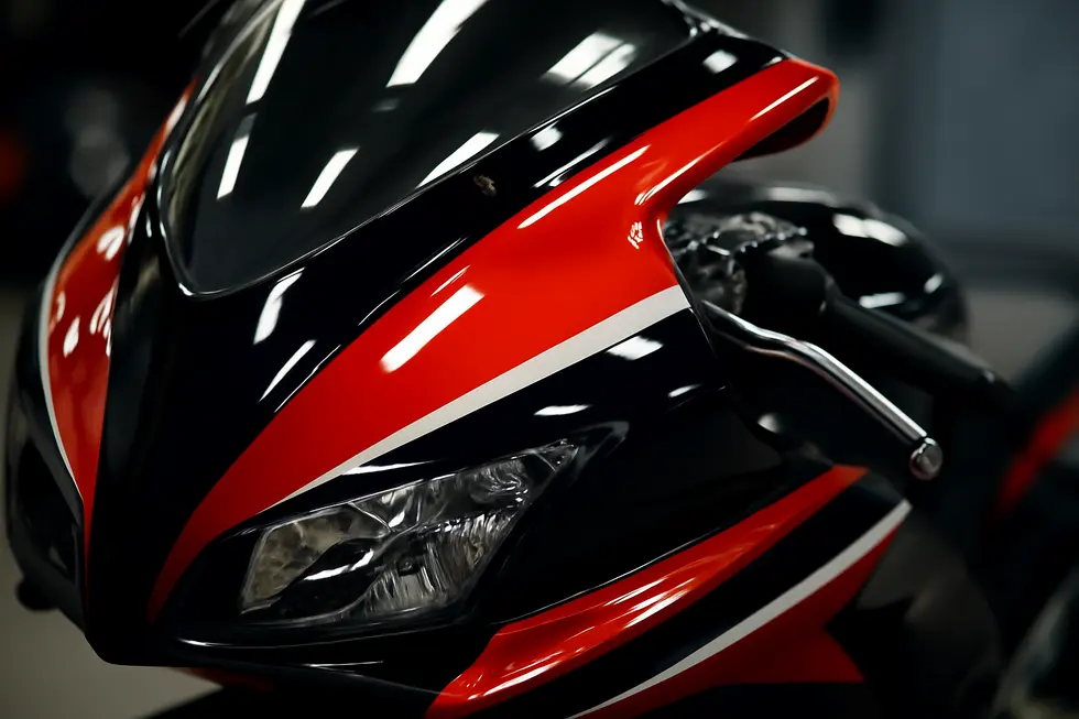 A motorcycle fairing showcasing a vibrant high-gloss finish that emphasizes durability and surface protection.