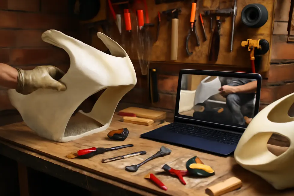 A variety of common materials and molds used in crafting custom homemade motorcycle fairings.