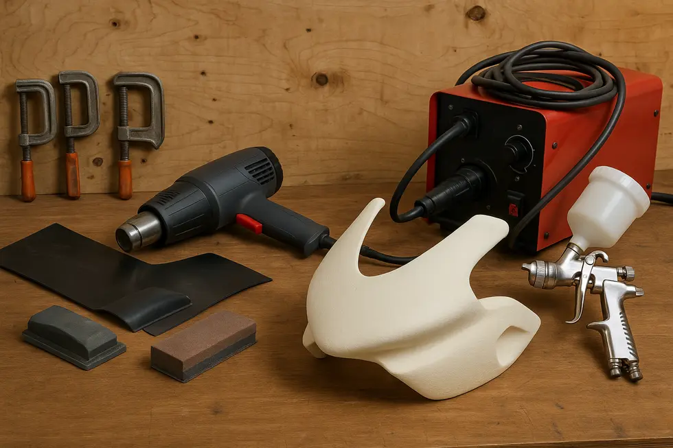 A variety of common materials and molds used in crafting custom homemade motorcycle fairings.
