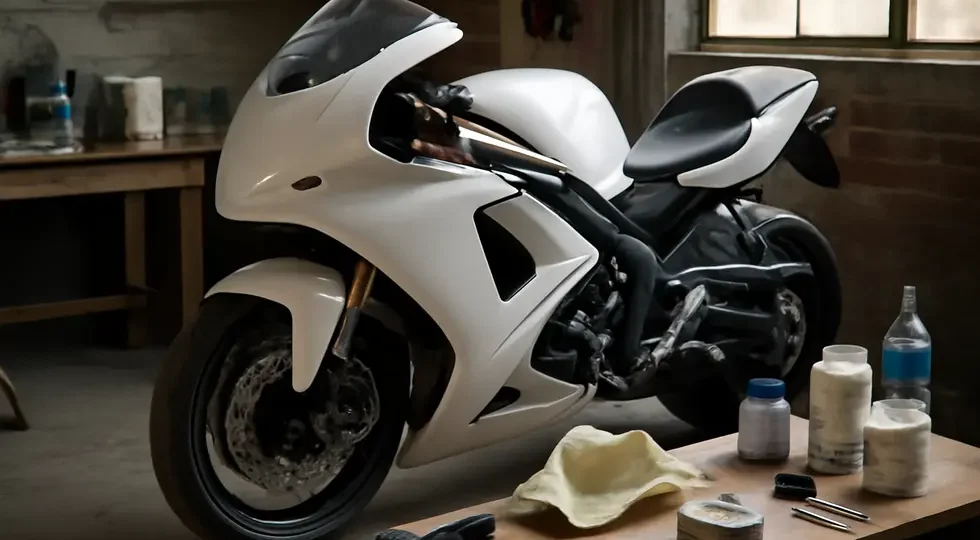 Custom motorcycle featuring a freshly fabricated homemade fairing amidst workshop materials and tools.