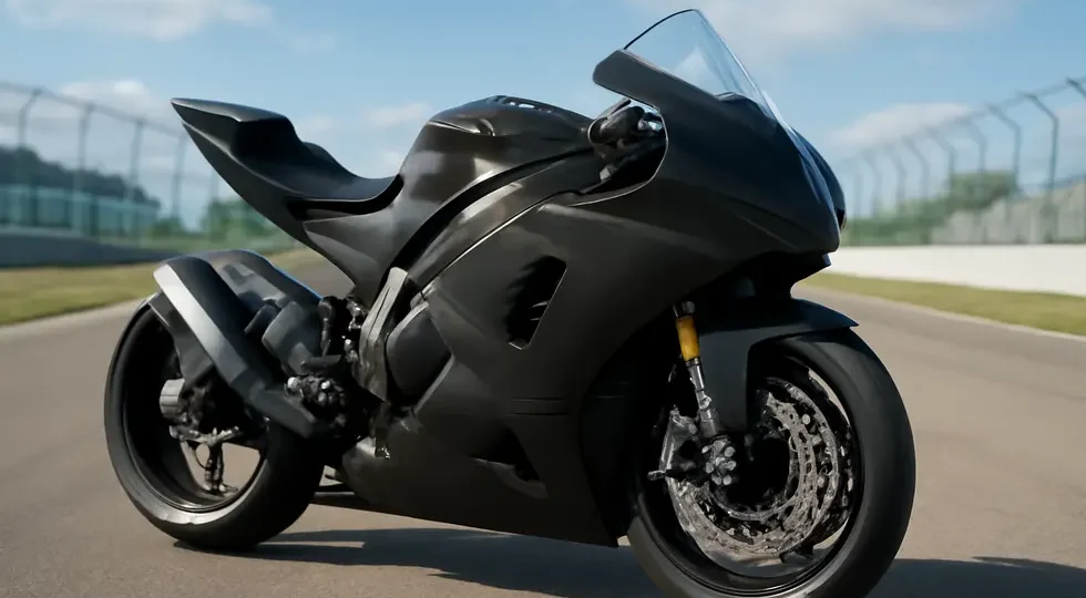 High-performance sportbike showcasing Hotbodies motorcycle fairings on a racetrack.