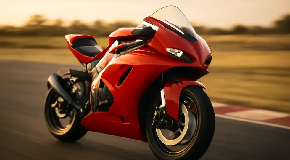 Sportbike adorned with Hotbodies fairings showcasing performance and style on track at sunset.
