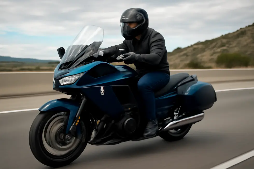 A photo illustrating the aerodynamic design features of a motorcycle fairing in a detailed workshop environment.