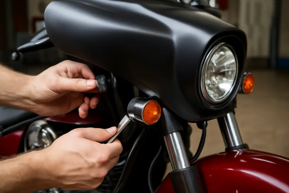 The Memphis Shades Road Warrior fairing enhancing the aerodynamic profile of an Indian motorcycle.