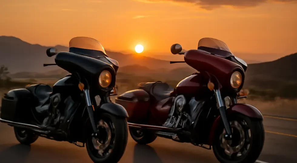 Indian motorcycles equipped with popular Memphis Shades Road Warrior and QKracing Batwing fairings showcasing style and function.